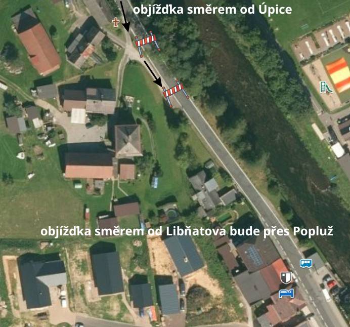 Vážení občané, upozorňujeme Vás na dočasnou uzavírku silnice dne 3. 3. 2026 v době od 7:30 hodin. Uzavírka se týká úseku komunikace mezi Obecním úřadem a Habřinou pod čp. 64 (u Švábových) z důvodu kácení stromu podél komunikace. Objízdná trasa směrem od Libňatova  do Úpice bude přes část obce Popluž. Objízdná trasa směrem od Úpice bude přes vyznačenou trasu v mapce.  Na místě uzavírky bude přítomna pověřená osoba, která řidiče navede na objízdnou trasu. Omezený provoz v uvedeném úseku potrvá přibližně do 14:00 hodin. Prosíme občany o zvýšenou opatrnost a respektování pokynů na místě. Děkujeme za pochopení.