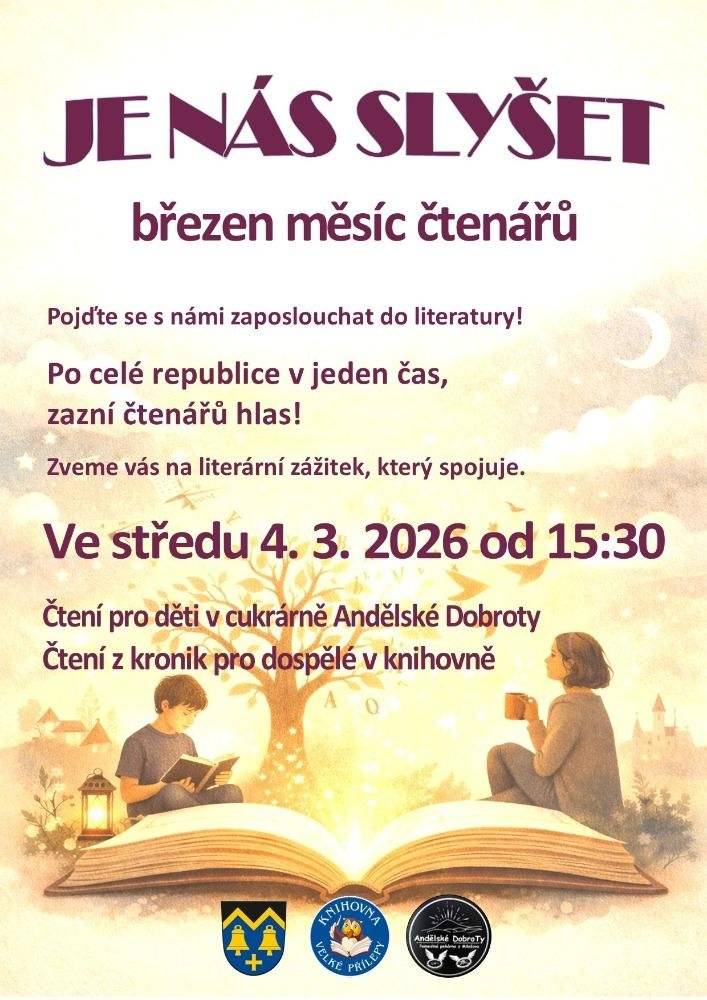 Tento týden se ve Velkých Přílepech koná: 📚 Středa 4. 3. | 15:30 | Knihovna – Je nás slyšet  V rámci Měsíce čtenářů se knihovna zapojí do celorepublikového společného čtení. Děti zveme do cukrárny Andělské dobroty, dospělé na čtení z kronik do knihovny.  🎬 Pátek 6. 3. | Kino Velké Přílepy | CVA Mazlíčci v průšvihu – 15:00 a 17:00 Dobrodružná animovaná podívaná pro děti i rodiče. Vstupné 80 Kč.  Dream Team – 19:00, CVA Večerní filmová komedie o týmu, který si jde za svým snem. Vstupné 120 Kč. Další akce v obci  Dětský karneval 13. 3. 2026, 17:00, Sál Domu U Korychů   Pohádka/koncert – Pískomil se vrací 15. 3. 2026, 20:00, 16:00, CVA   17. Obecní jarní ples 21. 3. 2026, 20:00, Sál Domu U Korychů   Kalendář akcí