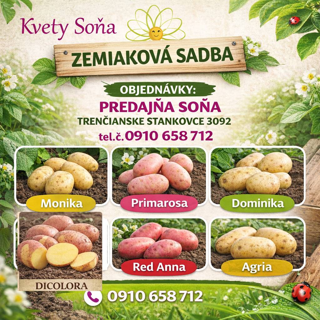 Predajňa Soňa v Trenčianskych Stankovciach ponúka zemiakovú sadbu. Záujemcovia môžu uskutočniť objednávky priamo v predajni, Trenčianske Stankovce 3092, 0910 658 712