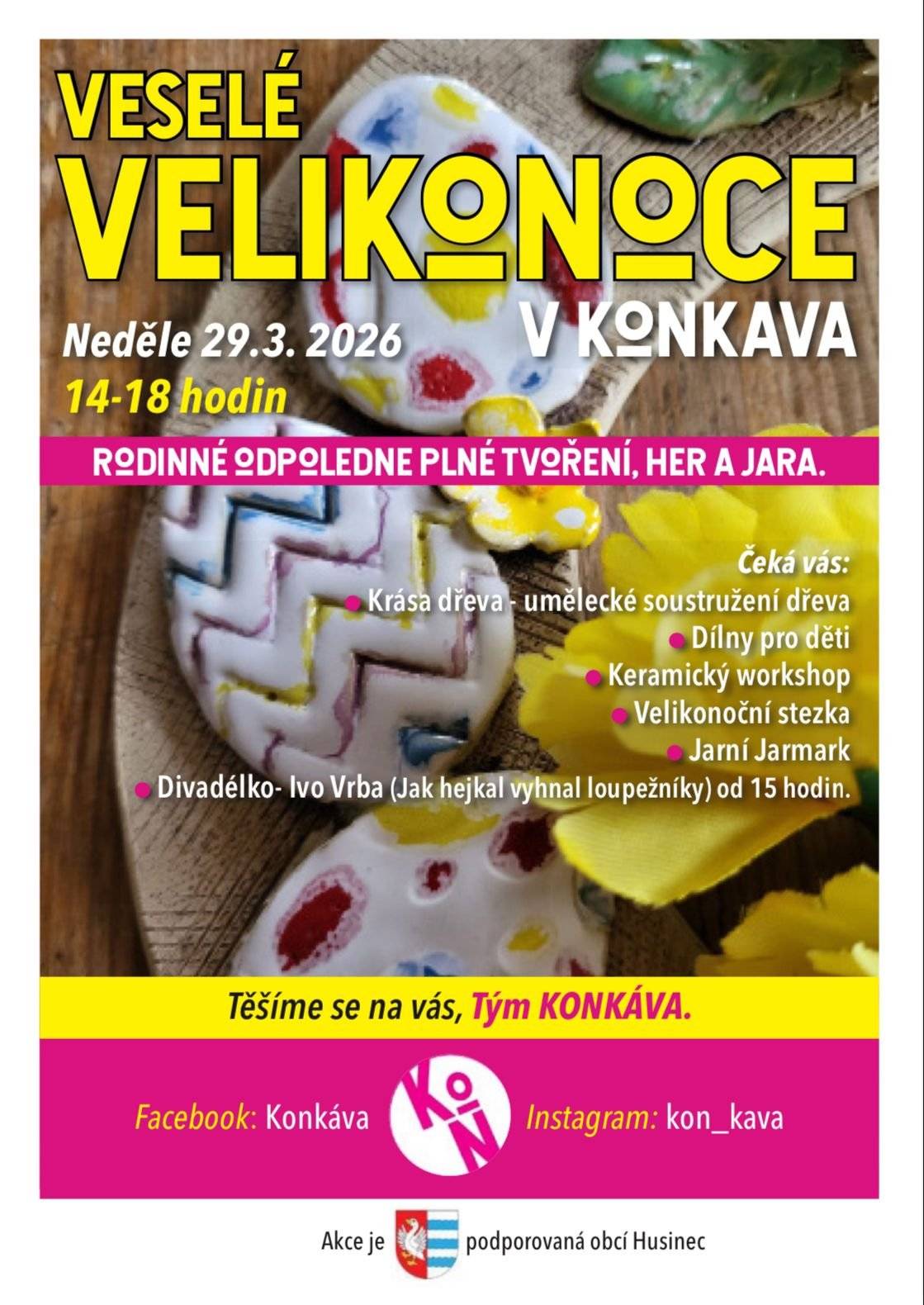 Rodinné odpoledne plné tvoření, her a jara. 29. 3. 2026 od 14.00 do 18.00 hodin v kavárně Konkáva v Řeži.