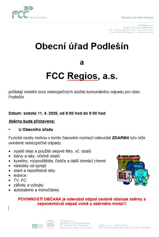 Svoz nebezpečných složek komunálního odpadu dne 11. 4. 2026