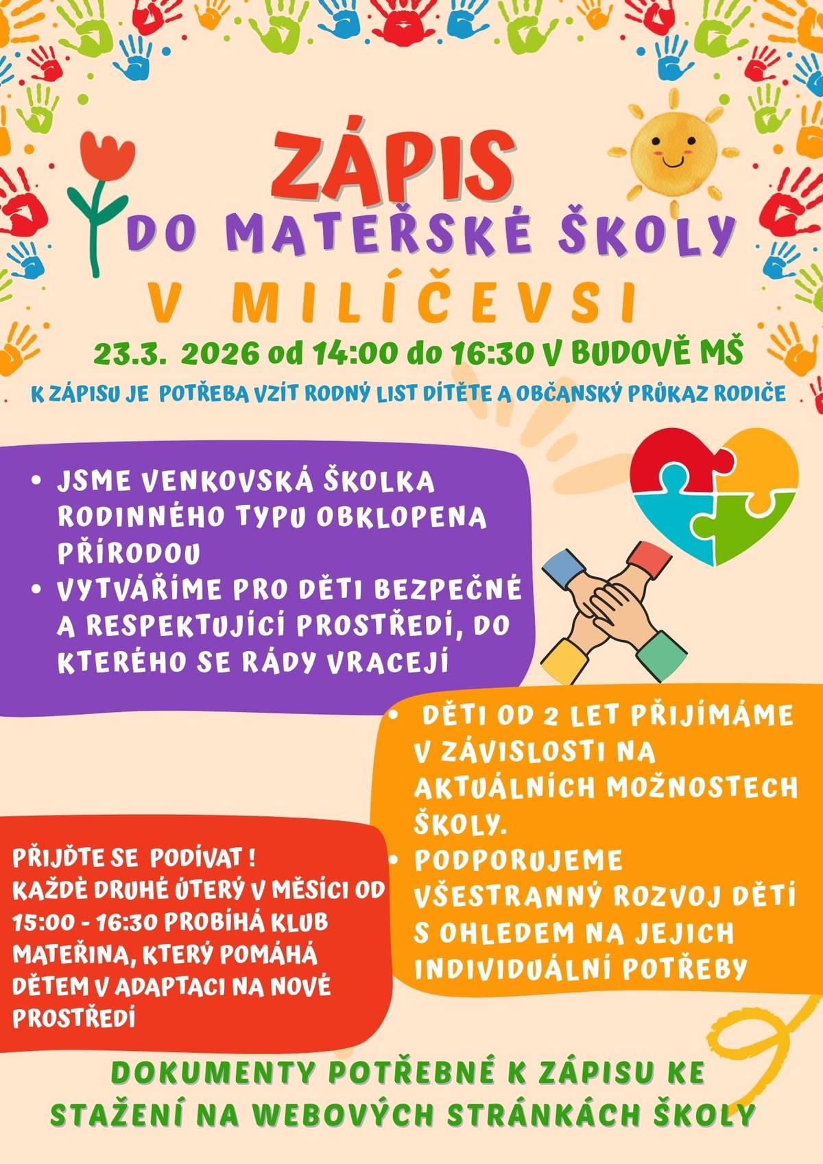 Mateřská škola v Milíčevsi pořádá zápis dětí, v pondělí 23.3.2026