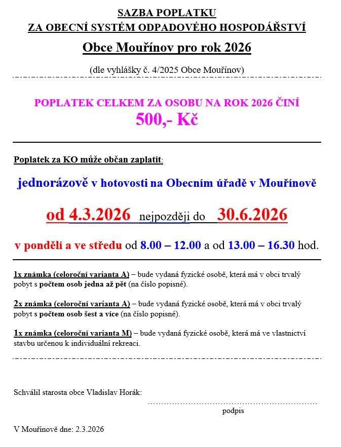 Oznamujeme občanům, že od 4.3.2026 se začne vybírat Místní poplatek za KO 2026.