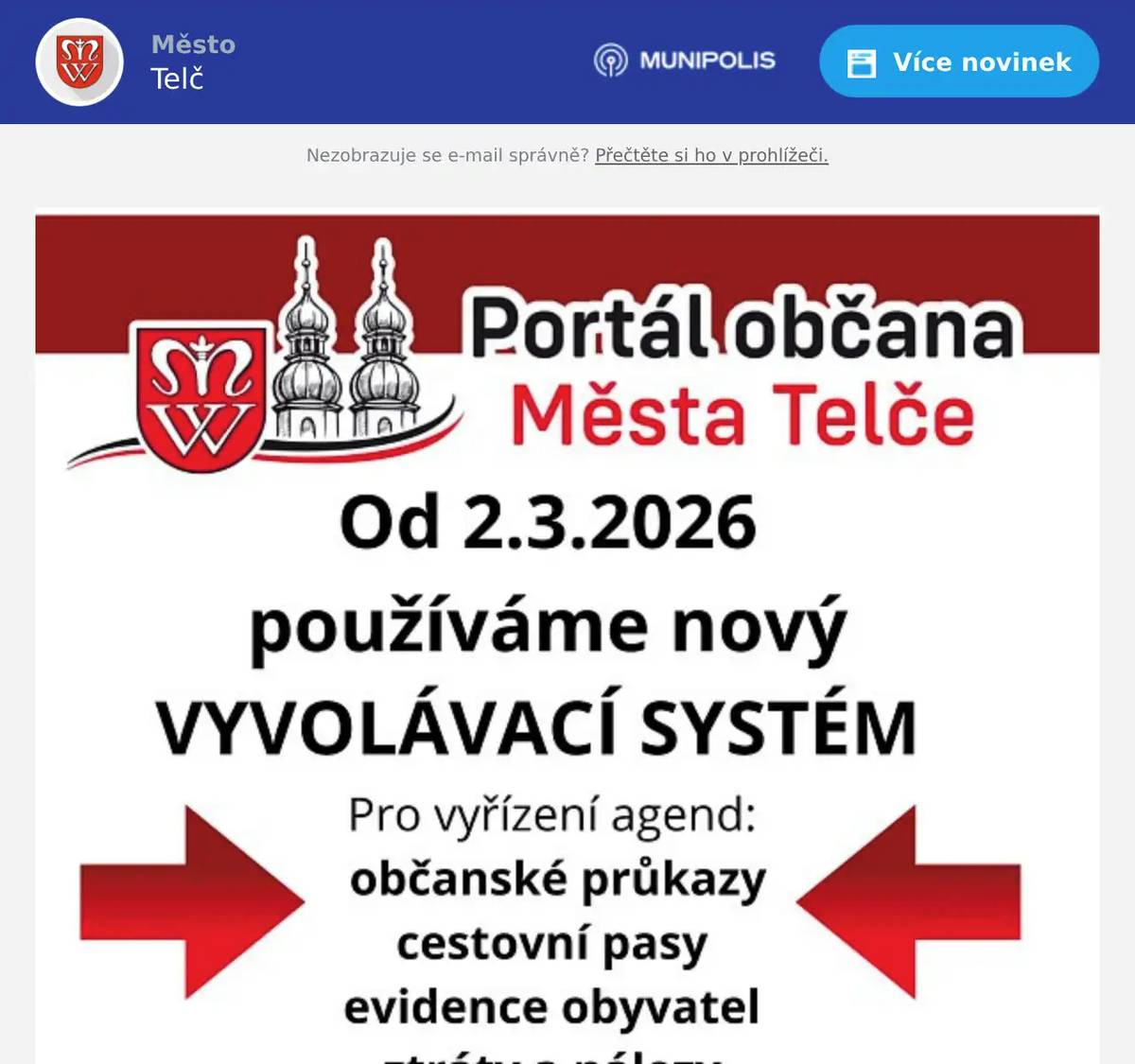 Od 2. 3. na našem úřadě nově používáme vyvolávací systém, který vám zpříjemní a zpřehlední vyřizování vašich záležitostí. Po příchodu si jednoduše vyzvednete pořadové číslo a na informačním panelu uvidíte, kdy přijdete na řadu a ke které přepážce se dostavit. 🖥️ Nově je také možné rezervovat si konkrétní čas návštěvy předem prostřednictvím Portálu občana Města Telče. Díky tomu se můžete objednat na přesný termín a minimalizovat dobu čekání. Více informací najdete na: www.telc.eu/po Věříme, že tento systém přispěje k většímu komfortu, lepší organizaci a kratším čekacím dobám.