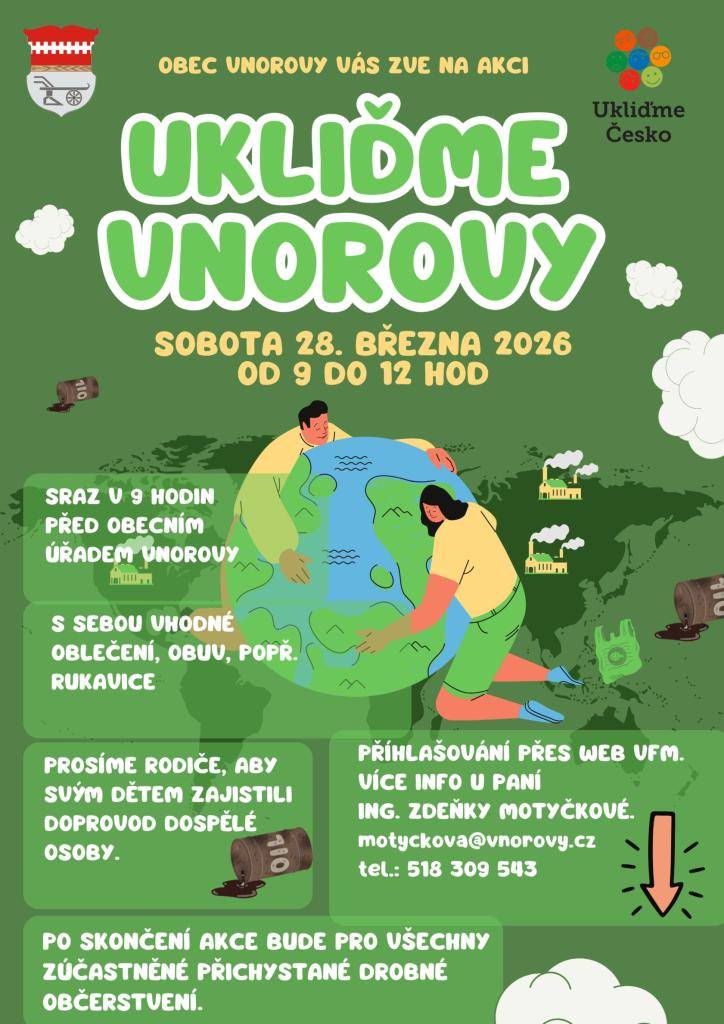 Obec Vnorovy Vás zve na akci "Ukliďme Vnorovy" v sobotu 28. března 2026 od 9 do 12 hodin.