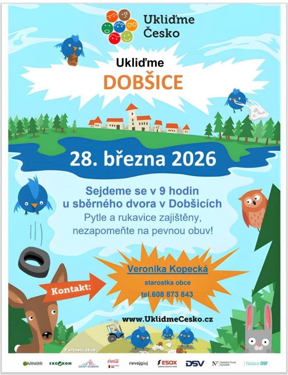 Obec Dobšice zve všechny dobrovolníky na registrovanou úklidovou akci dne 28.3.2026 od 9 hodin se srazem na sběrném dvoře. Budeme uklízet obec samotnou včetně příkopů a cest v katastru obce. Občerstvení a ochranné pomůcky budou zajištěny. Těšíme se na vaši účas.