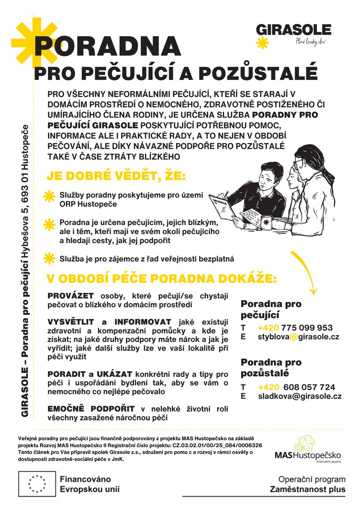 Rozvoj MAS Hustopečsko II. z OPZ+, registrační číslo CZ.03.02.01/00/25_084/0006326, který bude realizován v letech 2025–2028. Cílem projektu je nabídnout včasnou, dostupnou a citlivou pomoc přímo v našem regionu, bez složité administrativy a bez finanční zátěže pro rodiny. Pokud se vás nebo vašich blízkých tato témata týkají, neváhejte se na nás obrátit. Kontakty a bližší informace naleznete na přiložených letácích. MAS Hustopečsko – jsme tu pro vás.