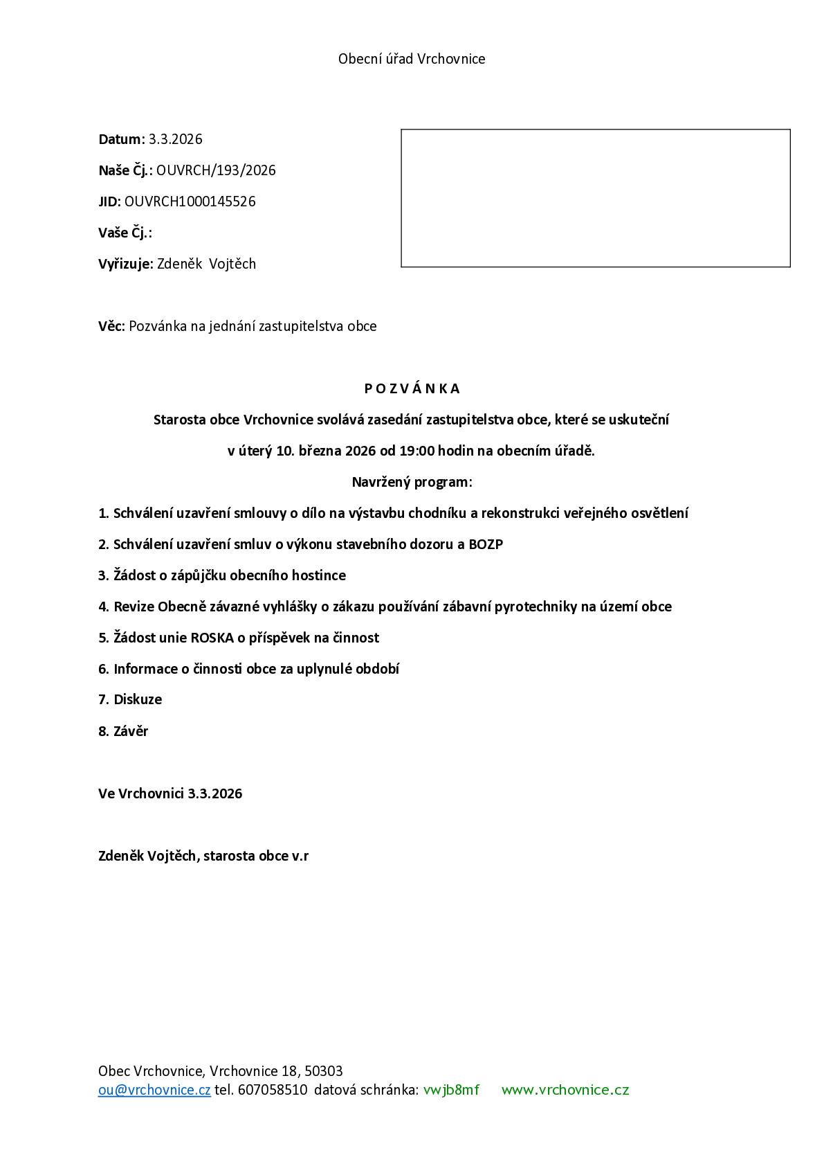 Pozvánka na zasedání obecního zastupitelstva konaného dne 10.3.2026