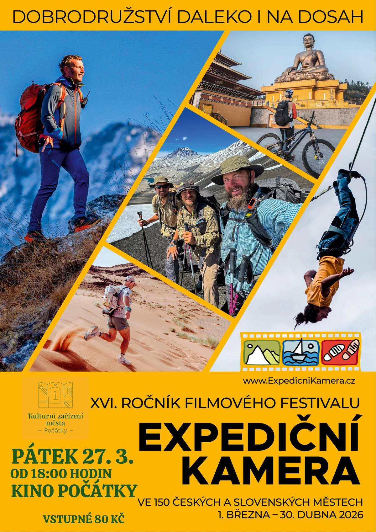 🎥 Expediční kamera 2026 – v Počátkách! Dobrodružství daleko i na dosah Kulturní zařízení města Počátky zve na XVI. ročník filmového festivalu Expediční kamera – největšího cestovatelského a outdoorového filmového putování v ČR. 📅 PÁTEK 27. 3. 2026 🕕 od 18:00 📍 Kino Počátky 🎟 Vstupné 80 Kč Festival probíhá v 150 českých a slovenských městech v období 1. března – 30. dubna 2026. Můžete se těšit na výběr těch nejlepších filmů o horolezectví, cestování, dobrodružství, extrémních výkonech i lidské odvaze. Čekají vás dechberoucí příběhy a záběry z celého světa – Himaláje, pouště, hory, džungle i extrémní sportovní výpravy. Více informací: www.ExpedicniKamera.cz