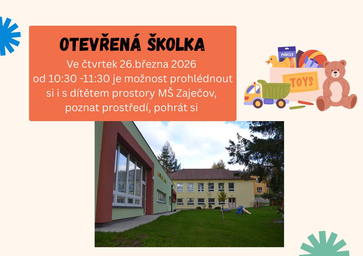 Máte zájem o zápis Vašeho dítka do MŠ Zaječov, ale nevíte, jak protory školky vypadají? Přijťe se 26.3.2026 podívat.