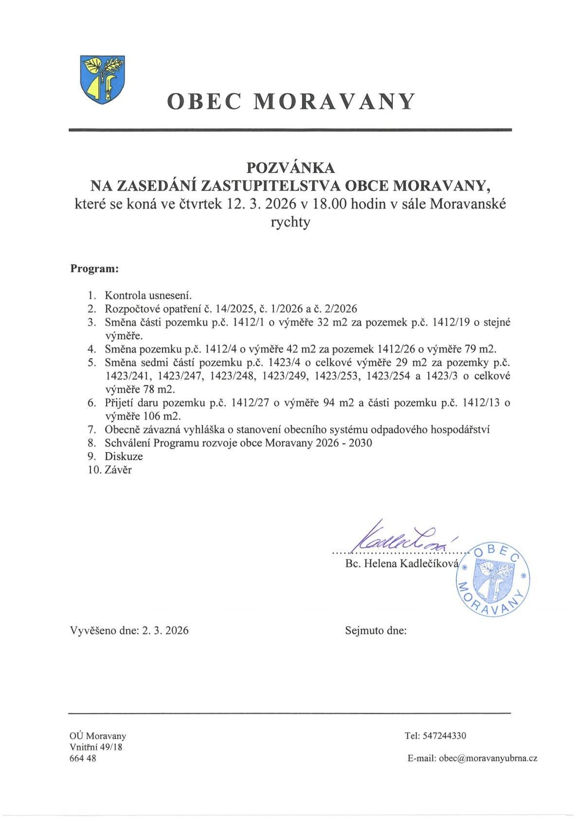 Pozvánka na zasedání Zastupitelstva obce Moravany  ve čtvrtek 12. 03. 2026.