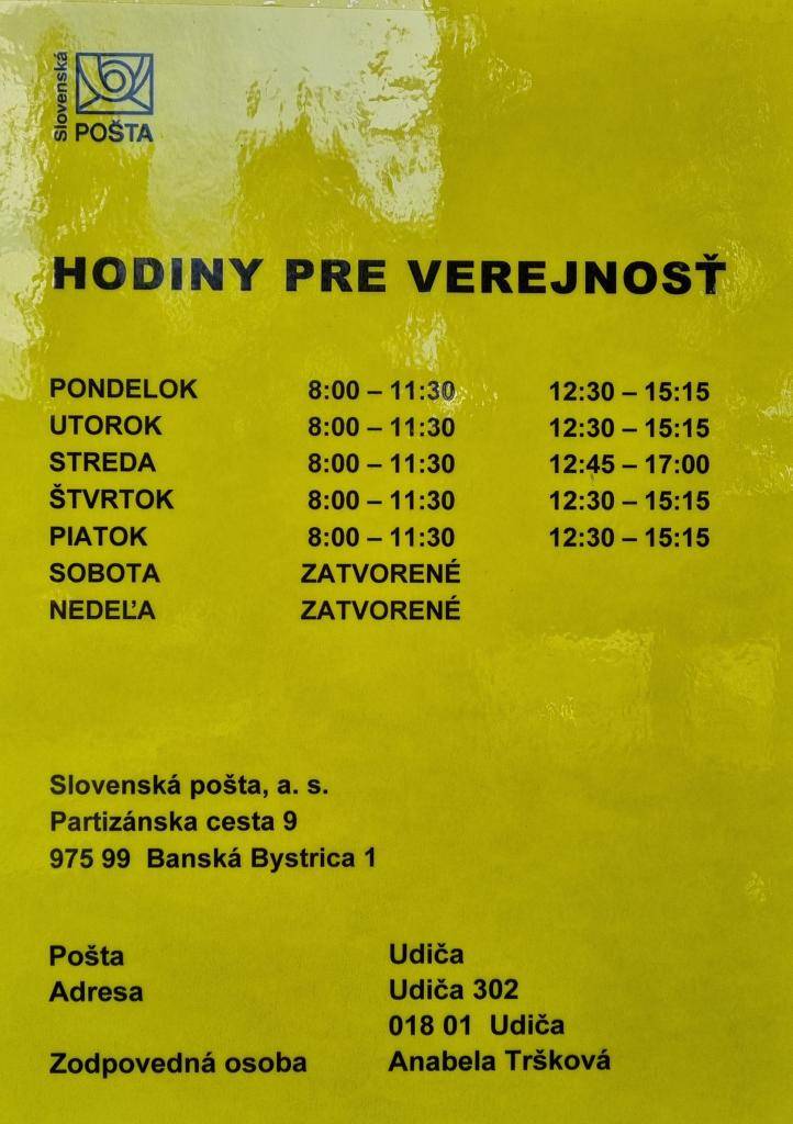 Vážení občania, od 02.02.2026 Slovenská pošta v Udiči poskytuje svoje služby počas upravených hodín pre verejnosť.