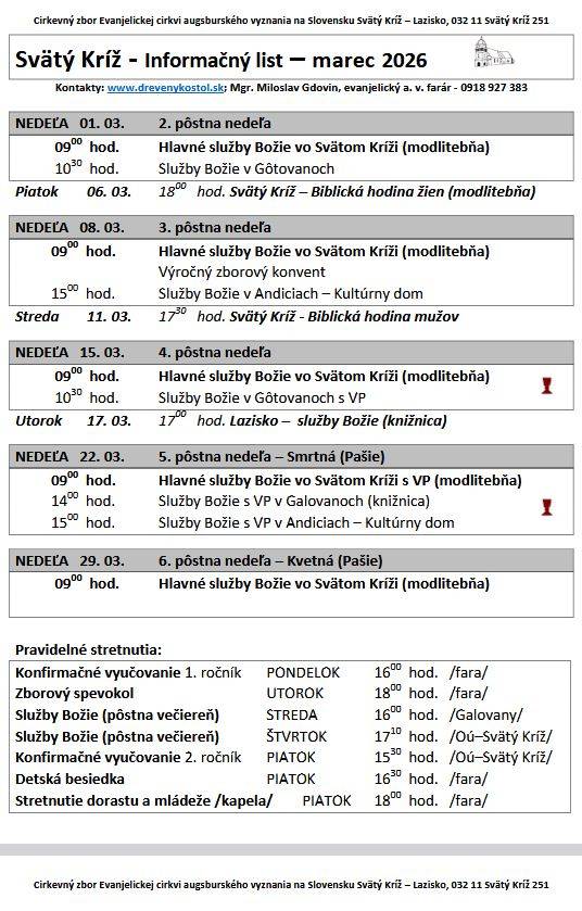 Rozpis bohoslužobných podujatí na mesiac február.