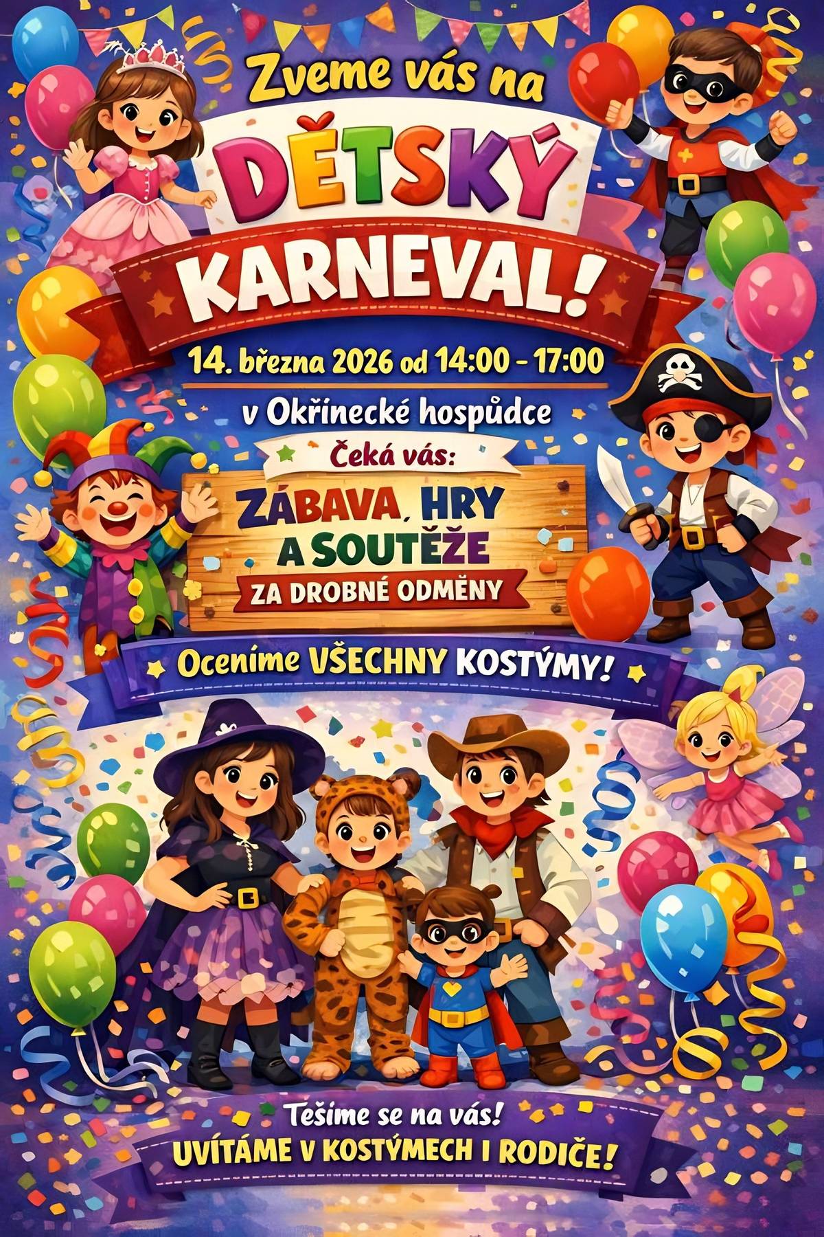 Srdečně zveme všechny naše občánky, jejich rodiče a kamarády na Dětský Karneval, který se bude konat v sobotu, 14. března 2026 v okřínecké hospůdce. Čekat na vás bude spousta zábavy, her a soutěží za drobné odměny! Kostýmy budou oceněny a u rodičů obzvláště vítány! Těšíme se na vás. 🥰