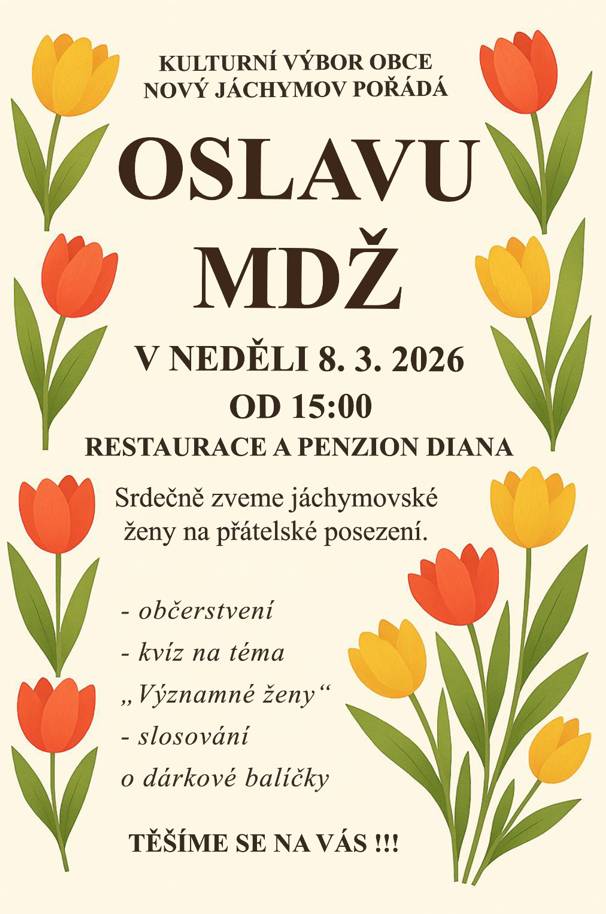Srdečně zveme jáchymovské ženy na posezení u kávy a dortíku u příležitosti MDŽ. Slosování o kosmetické balíčky, kvíz na téma "Významné ženy", volná zábava. Sledujte vývěsní plochy a FB Kultura v Novém Jáchymově.