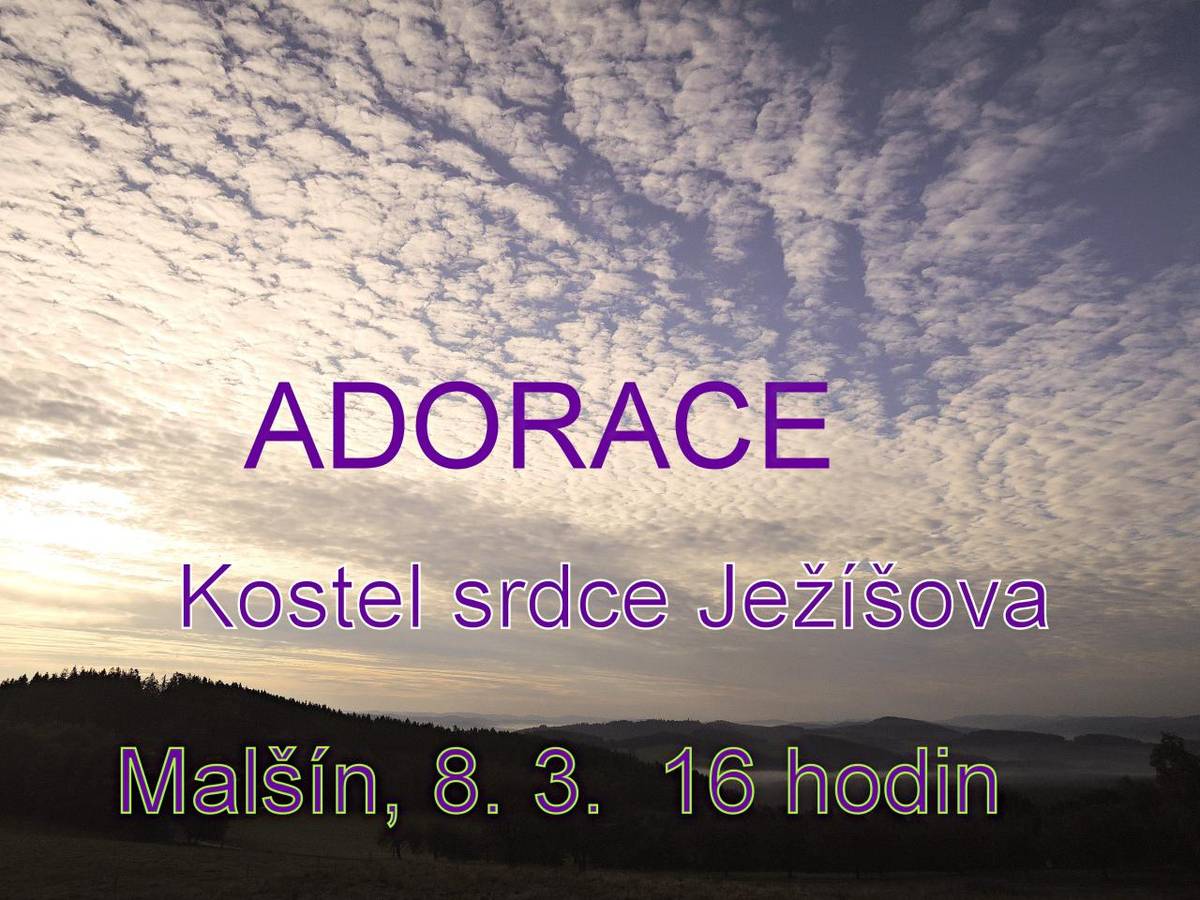 Adorace se koná v neděli 8. března 2026 od 16 hodin v Kostele Srdce Ježíšova v Malšíně. Srdečně zveme všechny, kteří mají zájem o duchovní obohacení a modlitbu.