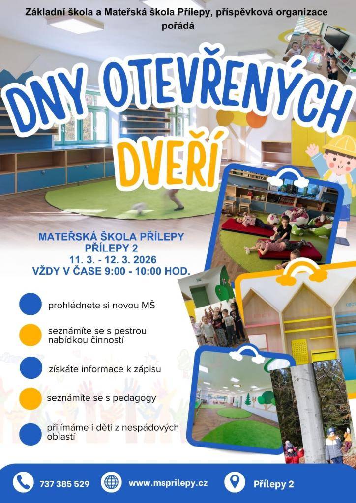 Mateřská škola Přílepy zve na Dny otevřených dveří, které se uskuteční ve středu 11. března a ve čtvrtek 12. března 2026, od 9 do 10 hodin. Přijďte si prohlédnout novou mateřskou školu, seznámit s pedagogy i s pestrou nabídkou činností.