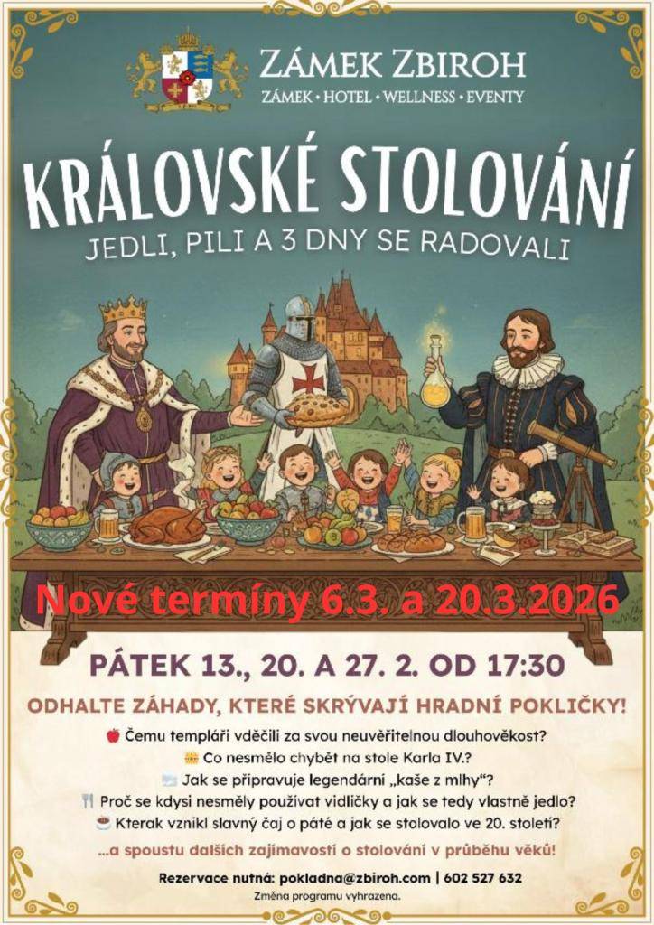Prohlídka pro děti je zaměřená na stolování a vývoj gastronomie od středověku až po 20.stol.   Pro velký zájem nově přidané termíny 6.3. a 20.3. 2026.   Rezervace nutná !!
