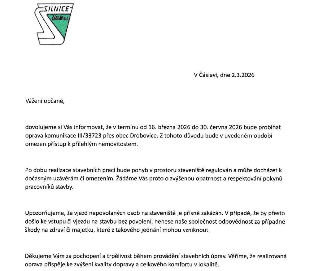 Oznámení o omezení provozu na komunikaci III/33723, průjezd obci Drobovice vlivem rekonstrukce mostu na návsi.