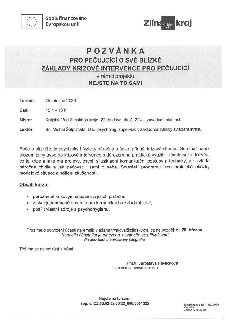 Seminář se uskuteční 23.3.2026 v budově Krajského úřadu Zlínského kraje.