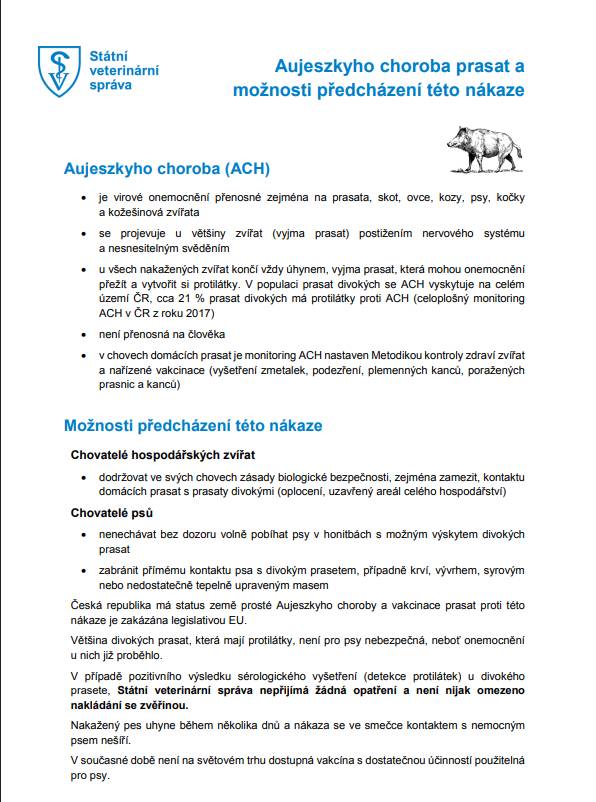 MS Neuměř upozorňuje na prevenci před možností nákazy Aujeszkyho chorobou (ACH). Bližší informace na    https://www.svscr.cz/informace-k-probihajicimu-monitoringu-aujeszkyho-choroby-u-prasat-divokych/