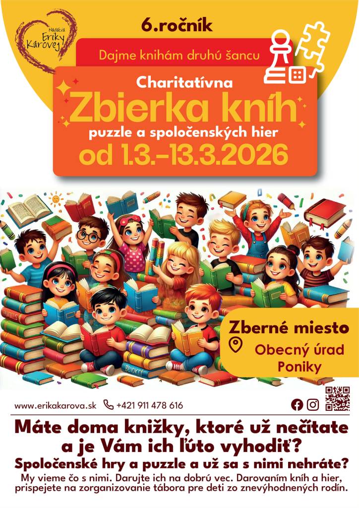 Máte doma knižky, ktoré už nečítate a je Vám ich  ľúto vyhodiť? Máte doma spoločenské hry  a puzzle a už sa s nimi nehráte? Venujte ich na charitatívnu zbierku  kníh, puzzle a spoločenských hier.