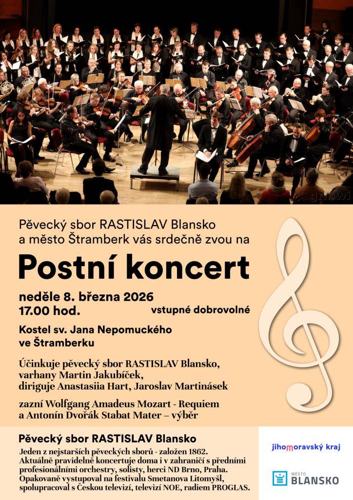 Vystoupí pěvecký sbor Rastislav Blansko - varhany Martin Jakubíček, diriguje Anastasia Hart, Jaroslav Martinásek.