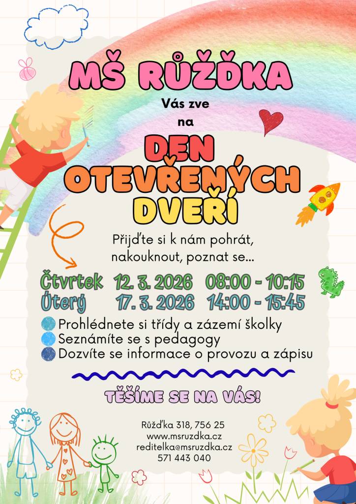 Srdečně zveme rodiče budoucích školkáčků na Den otevřených dveří v naší školce.