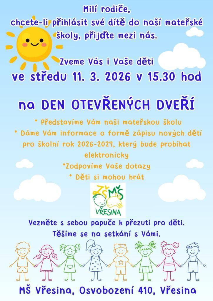 ZŠ Vřesina vás zve na Den otevřených dveří.