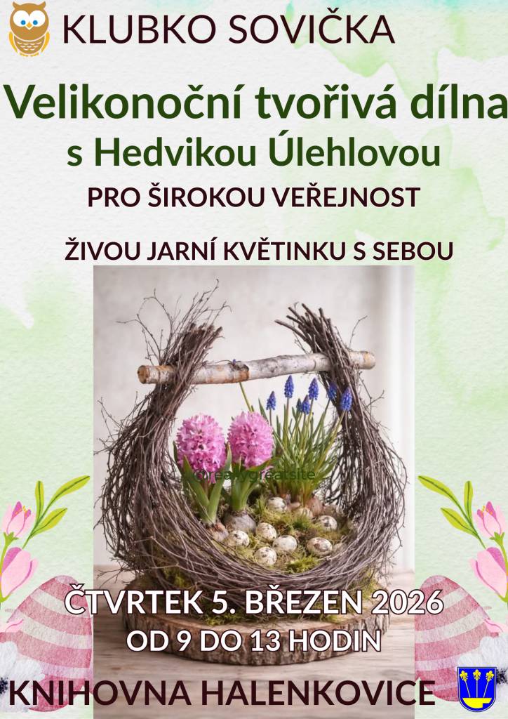 Knihovna Halenkovice bude z důvodu jarních prázdnin otevřena v pondělí 2.3. a v úterý 3.3. až od 13.00 hodin.    Od středy bude otevřeno dle klasické provozní doby.    Ve čtvrtek vás zveme na jarní tvoření.