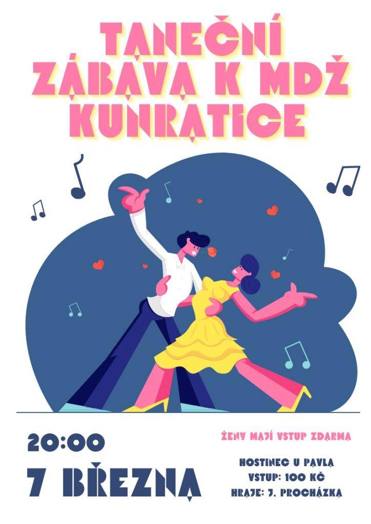 Obec Kunratice pořádá taneční zábavu, na kterou mají ženy vstup zdarma – jako dárek k Mezinárodnímu dni žen.   Hrát bude Jiří Procházka.