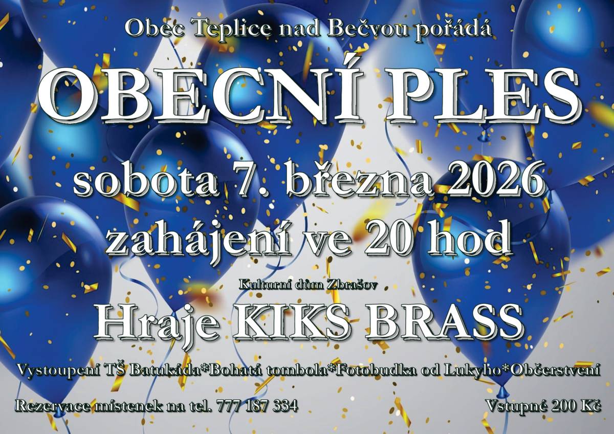 Ples Obce Teplice nad Bečvou se uskuteční v sobotu 7. března 2026 v Kulturním domě Zbrašov.