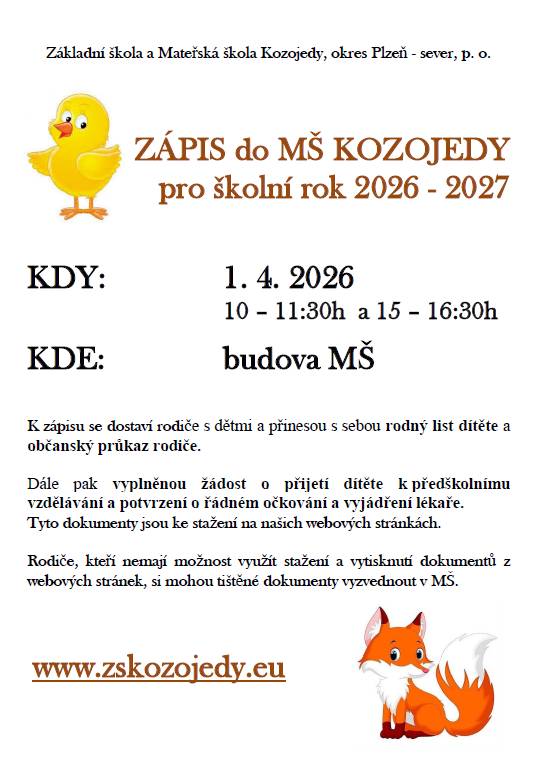 Zápis do MŠ Kozojedy pro školní rok 2026-2026