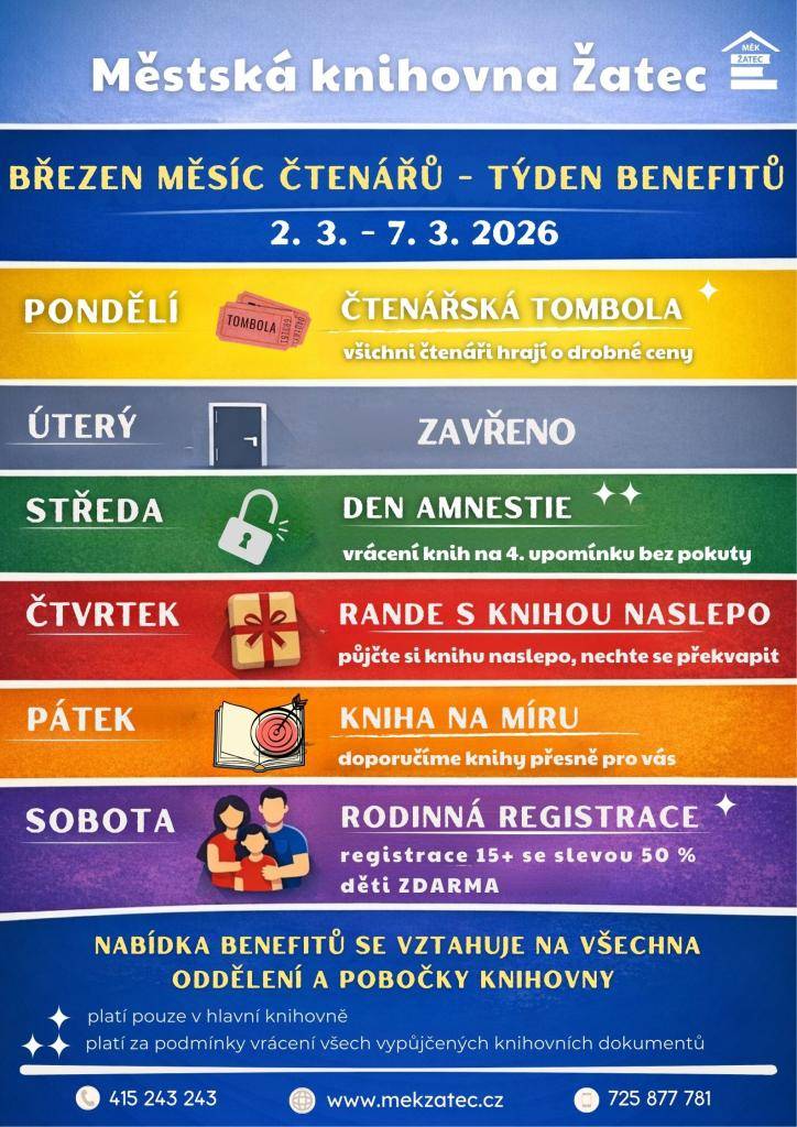 Rodinná registrace, čtenářská amnestie nebo rande s knihou naslepo – to jsou některé akce městské knihovny v tomto týdnu v rámci Týdne benefitů. Zajímavé události připravili i další organizátoři kulturních, vzdělávacích a společenských aktivit ve městě.