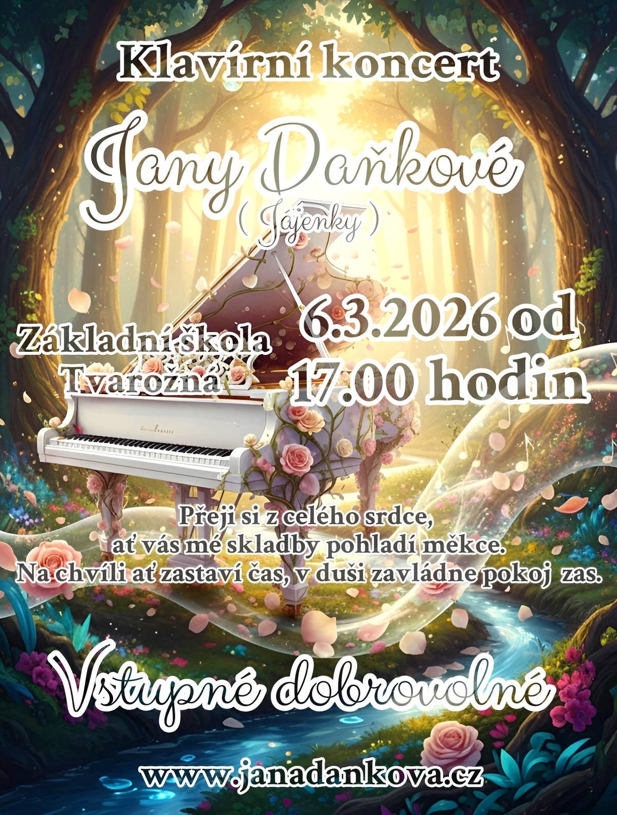 Základní škola Tvarožná zve dne 6. 3. 2026 od 17:00 hodin na klavírní koncert Jany Daňkové.