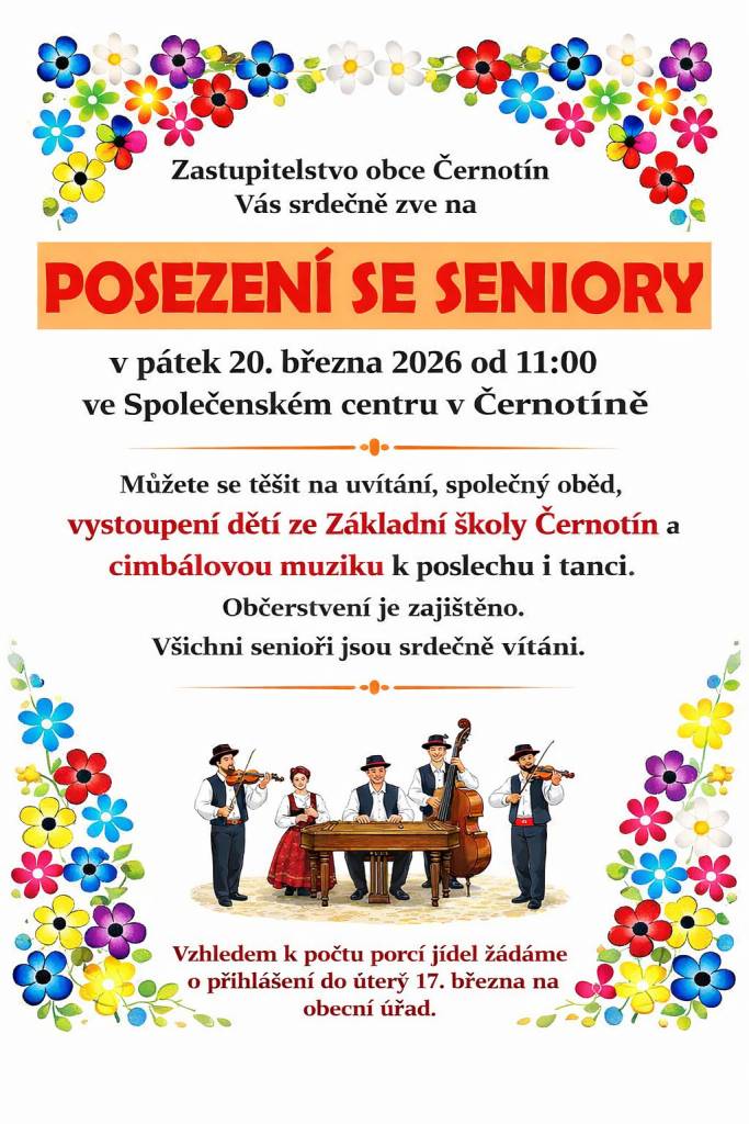 Obecní úřad zve seniory na setkání, které proběhne v pátek 20. března od 11 hodin ve Společenském centru v Černotíně. Těšíme se na vaši účast a společné chvíle. Žádáme o nahlášení do úterý 17. března.