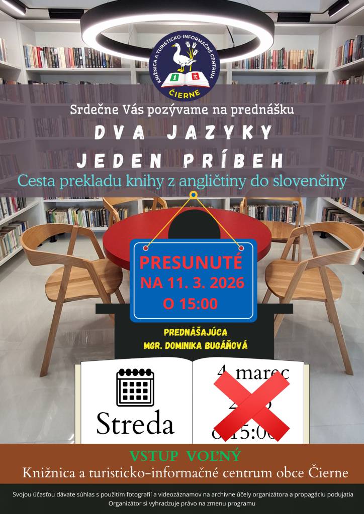 Podujatie Dva jazyky – jeden príbeh je presunuté na 11. 3. 2026 o 15:00 (streda)