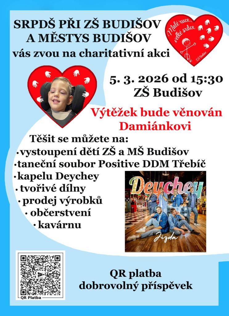 Ve čtvrtek 5. března 2026 proběhne v naší škole charitativní akce Malé ruce, velké srdce na podporu Damiánka.
