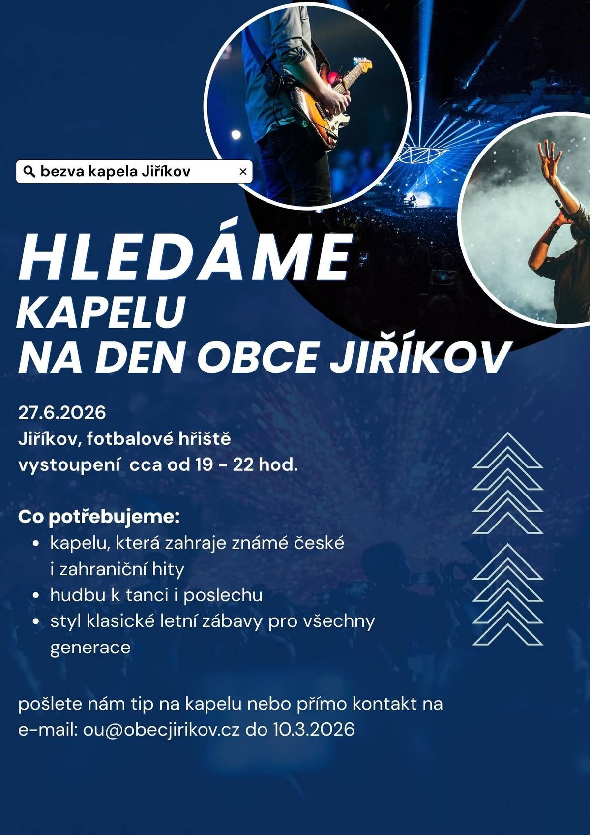 Chystáme program letošního Dne obce, kde bychom rádi kromě  zpěváka Voxela, taneční skupiny La Bella a dalších účinkujících měli i pořádnou "zábavovou" kapelu", nejlépe z nedalekého okolí, nebo aspoň ne až z Prahy:-) Pokud máte tip na skvělé muzikanty, kteří nám v sobotu 27. června na fotbalovém hřišti v Jiříkově zahrají cca. od 19:00 do 22:00 (čas se může mírně upravit), dejte nám prosím  do 10. března vědět na ou@obecjirikov.cz. Předem děkujeme za spolupráci a těšíme se na vaše doporučení!