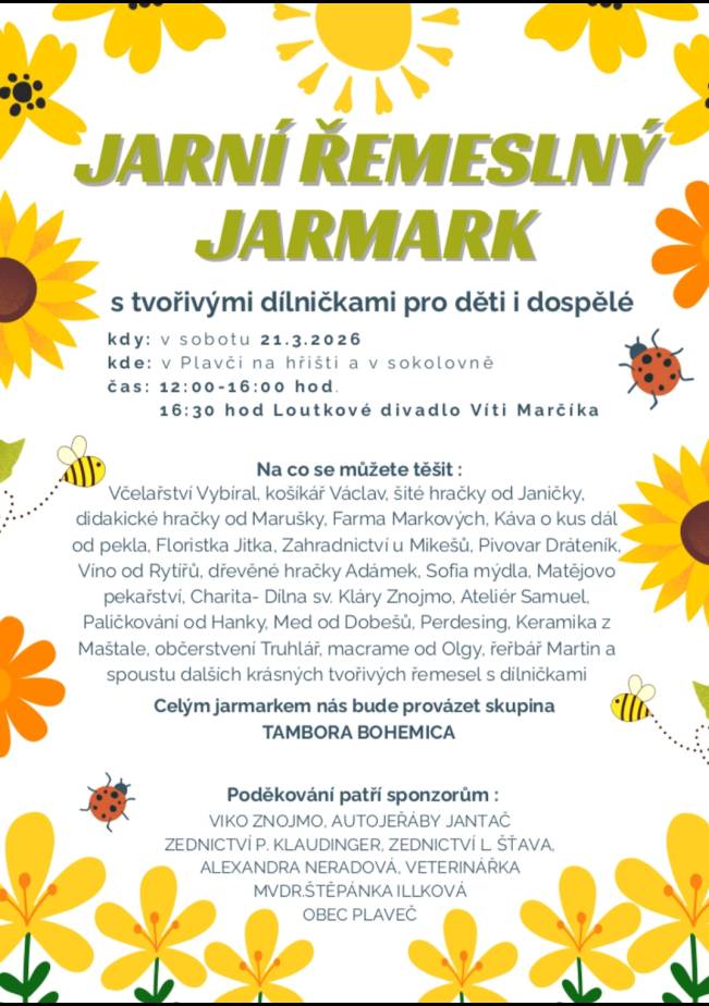 v sobotu 21.3.2026 proběhne v obci Plaveč Jarní řemeslný jarmark od 12:00 v sokolovně