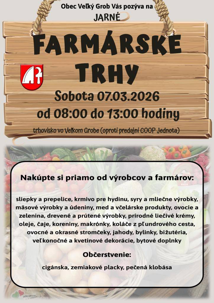 Milí priatelia, po polroku Vás opäť srdečne pozývame na Farmárske trhy, ktoré sa uskutočnia už túto sobotu 07.03.2026 od 8:00 do 13:00 na miestnom trhovisku.   Tešíme sa na Vás.