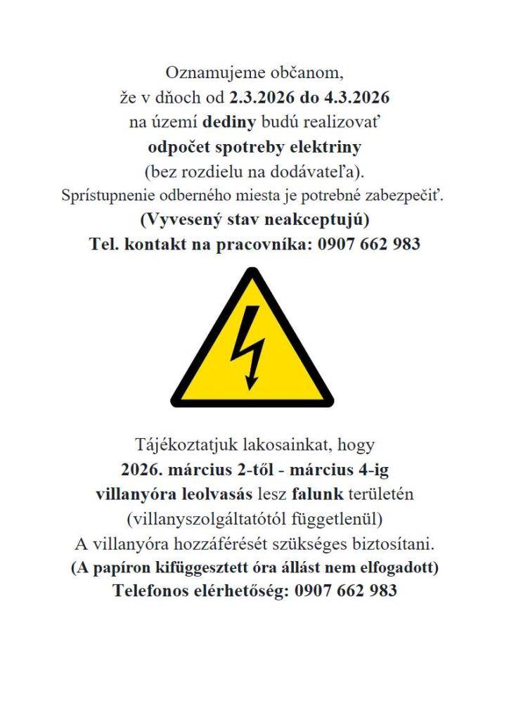Odpočet elektromerov v obci bude od 2.3.2026 do 4.3.2026  Villanyórák leolvasása községünkben 2026. március 2-től március 4-ig