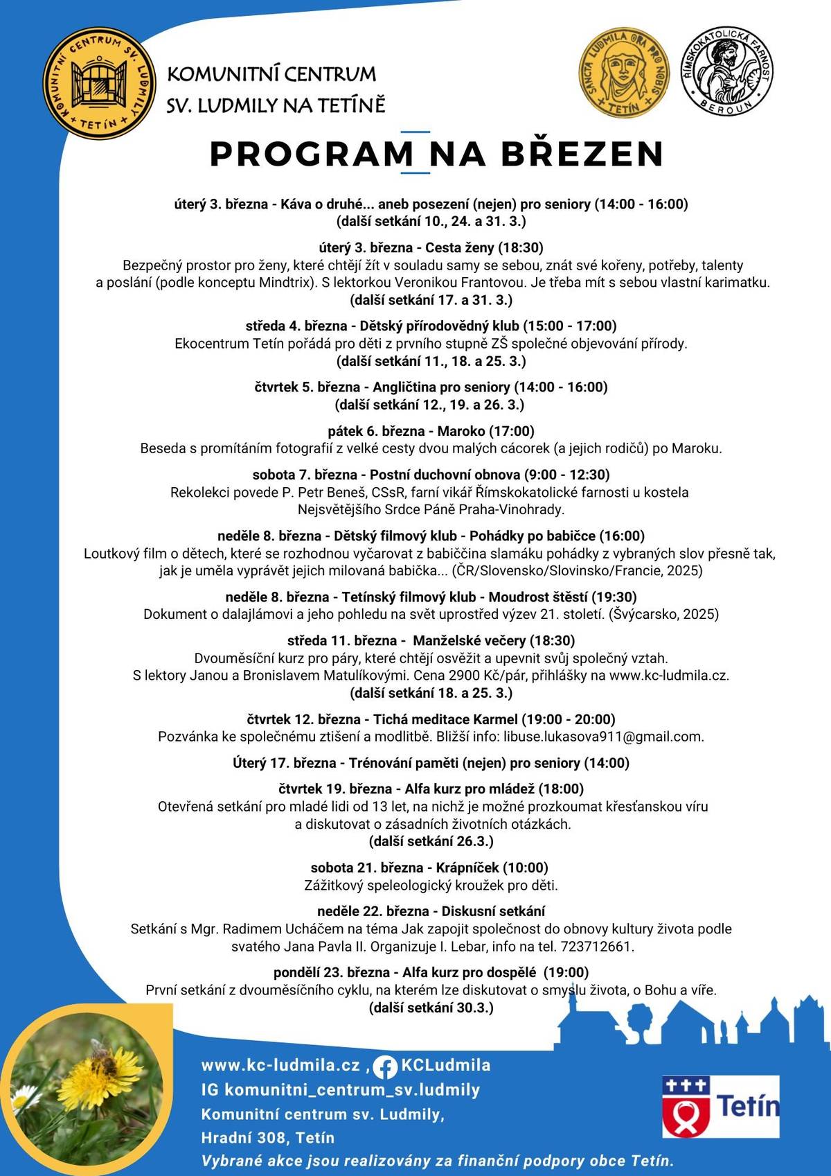 Program na březen 2026 - Komunitní centrum sv. Ludmily na Tetíně.