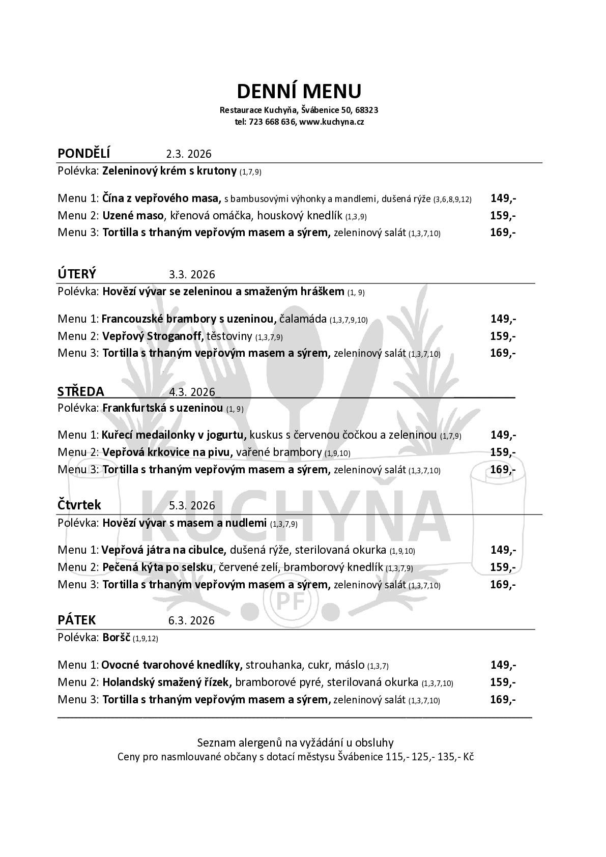 Restaurace Kuchyňa ve Švábenicích oznamuje, že nabízí zdarma rozvozy poledního menu od pondělí do pátku pro místní občany i okolní firmy a větší podniky. Dále navíc ve dnech středa až sobota rozváží po on line objednání plecháčky plné masa nebo pizzu Neapolského typu. Mimo jiné nabízí také cateringové služby pro firemní i rodinné oslavy, svatby, rauty nebo smuteční hostiny. Více informací na www.kuchyna.cz nebo tel. čísle 604 773 426. Menu na tento týden: