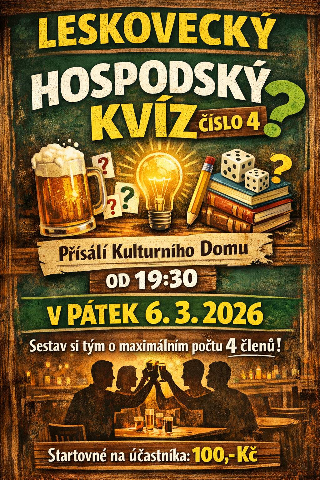 Zveme všechny zájemce, aby se zúčastnili akce zaměřené na týmovou spolupráci. Sestavte si tým o maximálně čtyřech členech a získejte cenné zkušenosti z této soutěže. Přihlaste se a staňte se součástí skvělého kolektivu, který se postaví výzvám a překoná překážky společně. Akce se koná v kulturním domě - přísálí. Přijďte si užít večer plný zábavy a soutěžení. https://www.leskovecnadmoravici.eu/akce-a-volny-cas/kalendar-akci/leskovecky-hospodsky-kviz-818_442cs.html