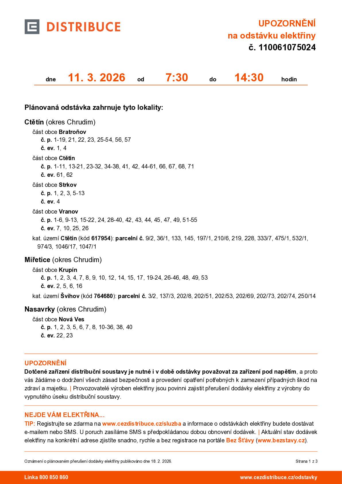 ČEZ_UPOZORNĚNÍ na odstávku elektřiny v K.Ú. Ctětín, dne 11.3 2026 od 7:30 - do 14:30 hodin.
