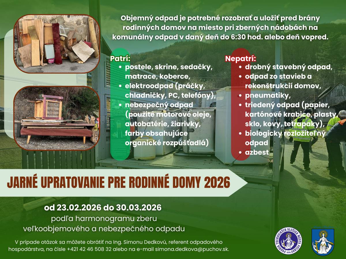 ✅ Zber veľkoobjemového a nebezpečného odpadu z rodinných domov sa uskutoční v pondelok 09.03.2026 pre lokality Záskalie, Staré Nosice a Pod Lachovcom, konkrétne ulica Janka Kráľa, Pod Lachovcom, Kuzmányho, Sládkovičova, Podjavorinskej, Vodárska, Hoštinská.       ✅ Objemový odpad je potrebné uložiť pred brány rodinných domov na miesto pri zberných nádobách na komunálny odpad v daný deň skoro ráno alebo deň vopred. Žiadame občanov, aby bol objemový odpad rozobratý.       ✅ Zbierať sa budú postele, skrine, sedačky, matrace, koberce, elektroodpad, nebezpečný odpad ako motorové oleje, autobatérie, žiarivky, farby obsahujúce organické rozpúšťadlá.       ❎ Nezbiera sa stavebný odpad, pneumatiky, triedený odpad, biologicky rozložiteľný odpad, azbest.