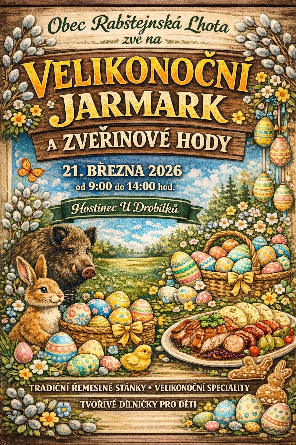 Milí spoluobčané, srdečně Vás zveme na Velikonoční jarmark a zvěřinové hody