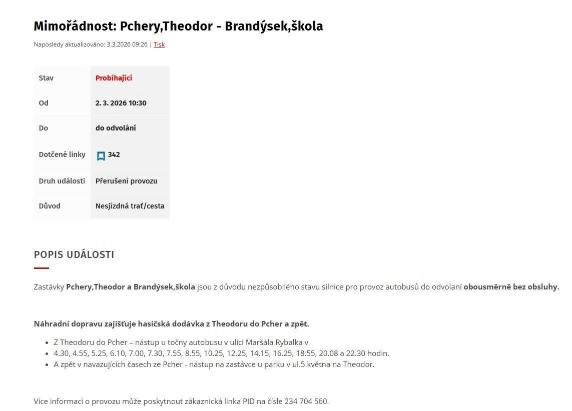 Vážení občané, z důvodu nezpůsobilého stavu silnice pro provoz autobusů dochází k další změně provozu autobusové linky 342. Zastávky Pchery, Theodor a Brandýsek, škola jsou až do odvolání obousměrně bez obsluhy. Autobusy linky 342 do těchto zastávek nezajíždějí. Upravené jízdní řády zatím nemáme k dispozici. Jakmile je obdržíme, budeme Vás neprodleně informovat. O znovuzprovoznění zastávek Vás budeme rovněž informovat. Děkujeme za pochopení.