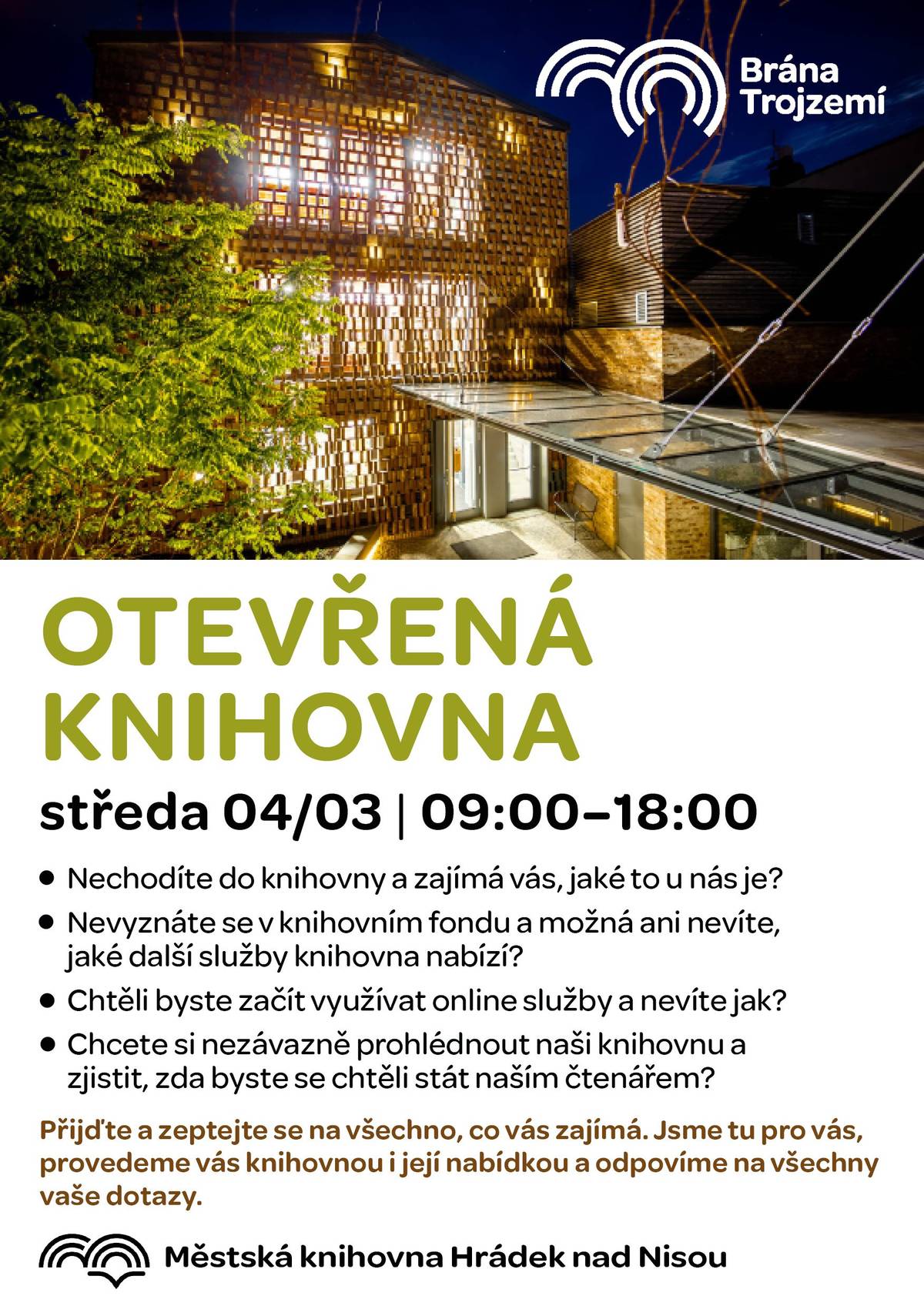 Baví Vás čtení, poslech knih nebo hraní společenských her, ale v naší knihovně jste ještě nebyli? Chcete si tuto krásnou budovu prohlédnout? Zajímá Vás, co vše můžeme nabídnout?   Tuto středu bude knihovna mimořádně otevřená až do 18.00 hodin a my budeme připraveni na všechny Vaše dotazy, tak si udělejte chvilku a přijďte se podívat. Těšíme se na Vás.